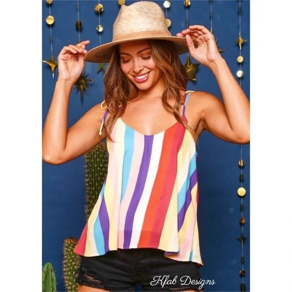 LAST 2! V Neck Fully Lined Rainbow Stripe Woven Tie Spaghetti Strap Top - Picture 5 of 10
